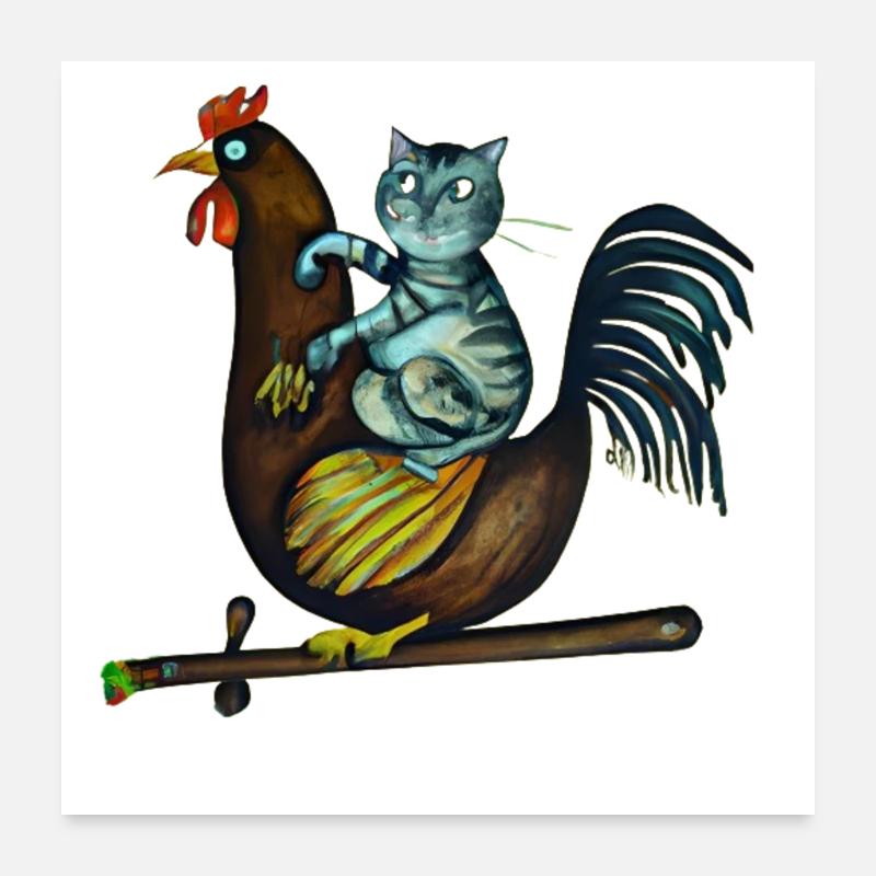 Drôle d’animaux chat à la ferme d’été des poulets Poster 60 x 60 cm