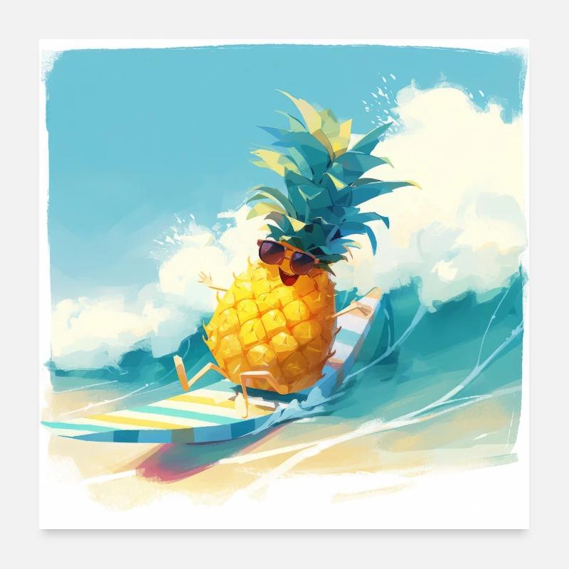 Drôle d’ananas surfant sur les vagues Poster 60 x 60 cm