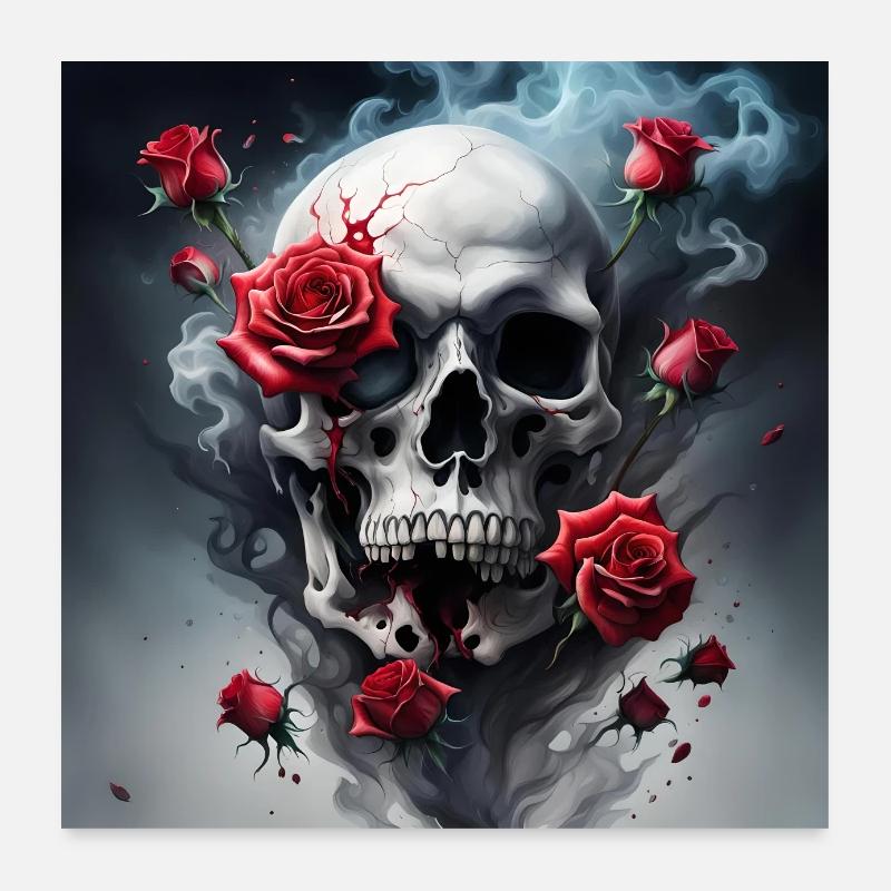 Skull and Roses - Poster 60x60 cm - Weiß