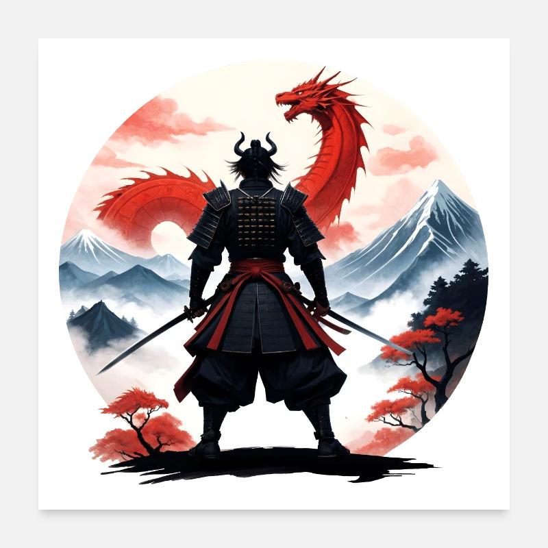 Samurai Japan Drachen Landschaft Poster 60x60 cm