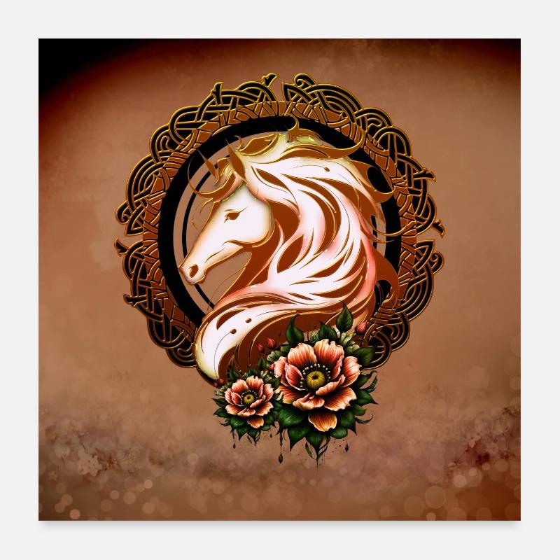 L’élégante tête de cheval ornée de fleurs. Poster 60 x 60 cm