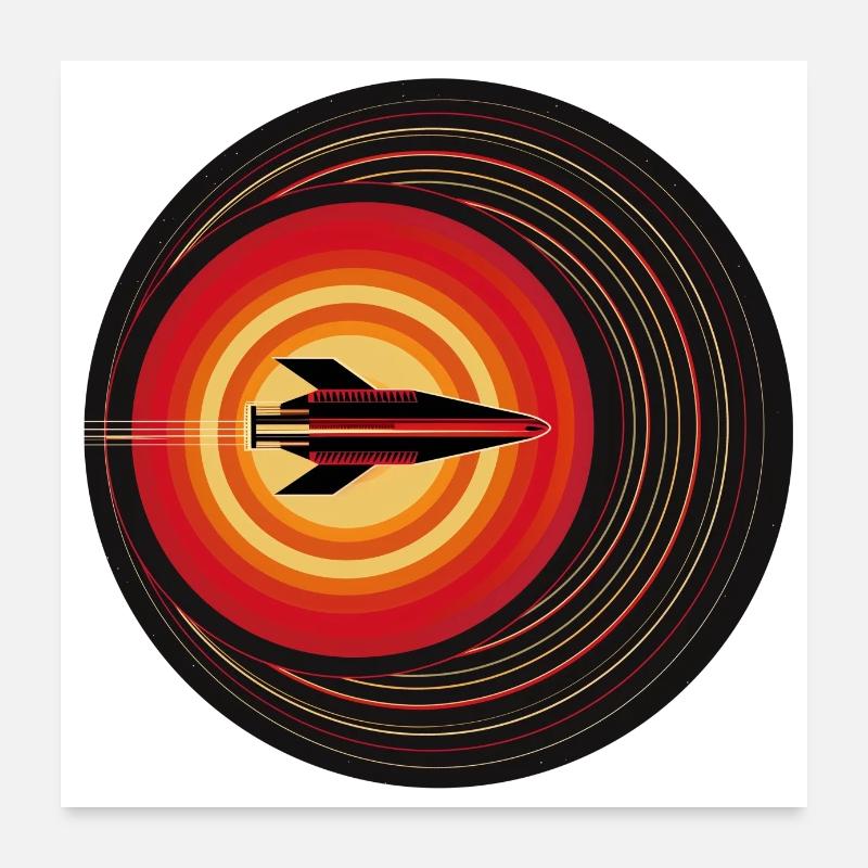 Retro-Rakete im Orbit - Poster 60x60 cm - Weiß