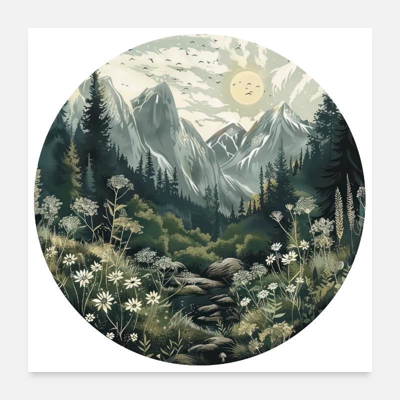 Boho, Flowers, Mountains, Landscape, Nature, Trees Poster 24" x 24" (60x60 cm)