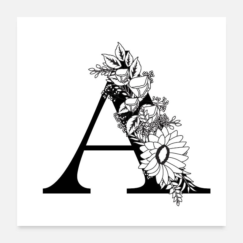 Lettre a floral noir et blanc Poster 60 x 60 cm