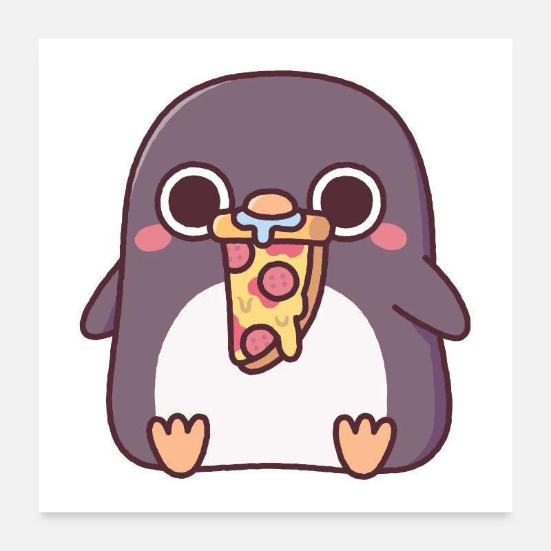 Cute Chubby Penguin With Pepperoni Pizza Slice Poster 24" x 24" (60x60 cm)