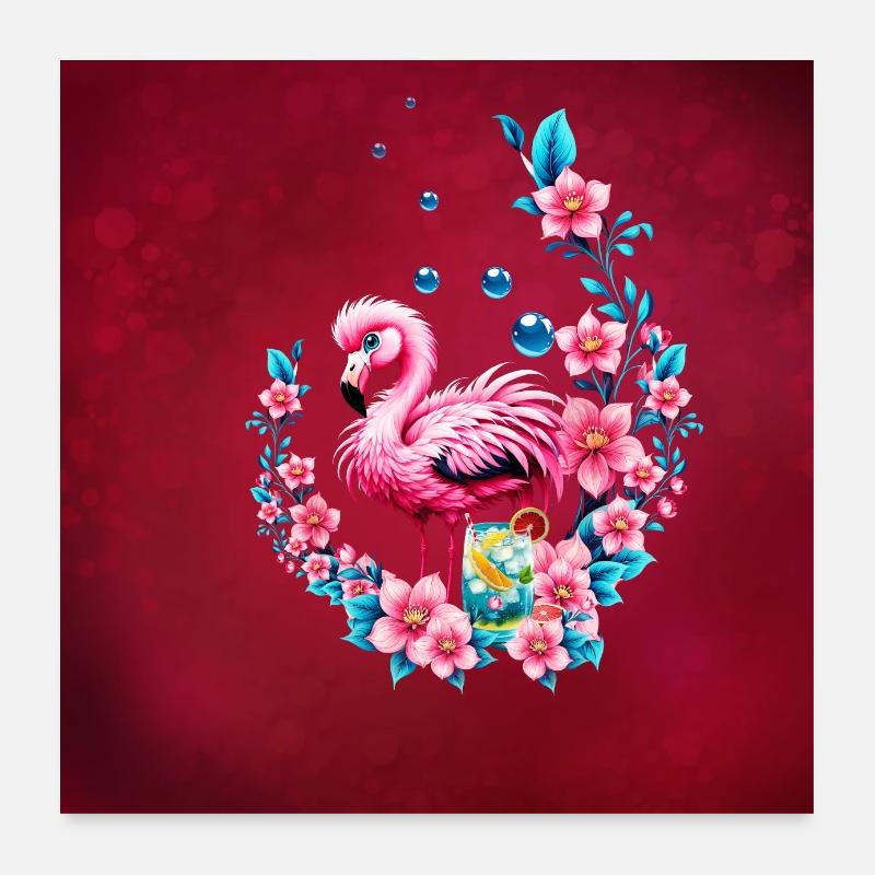 Flamant rose élégant avec des fleurs tropicales. Poster 60 x 60 cm