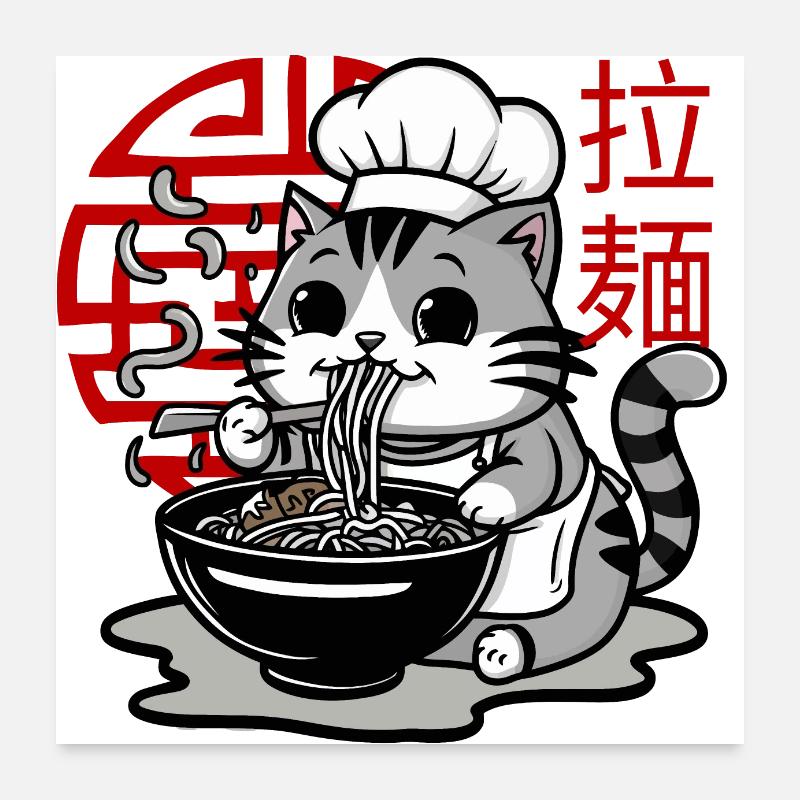 Chat japonais mignon mangeant des nouilles ramen kawaii Poster 60 x 60 cm