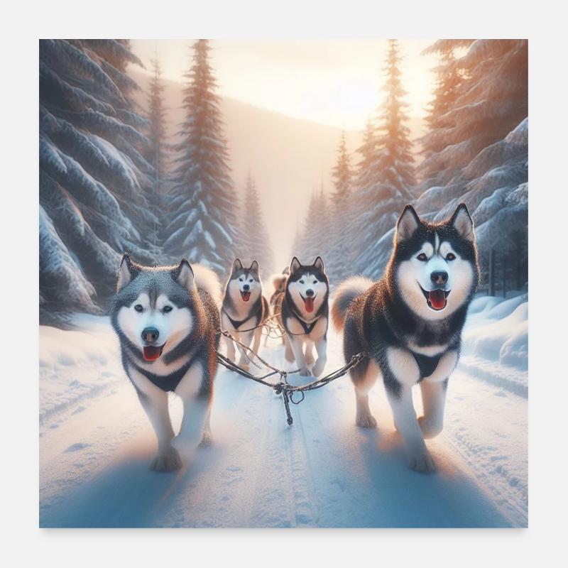 Huskys auf einem Schlitten Poster 60x60 cm