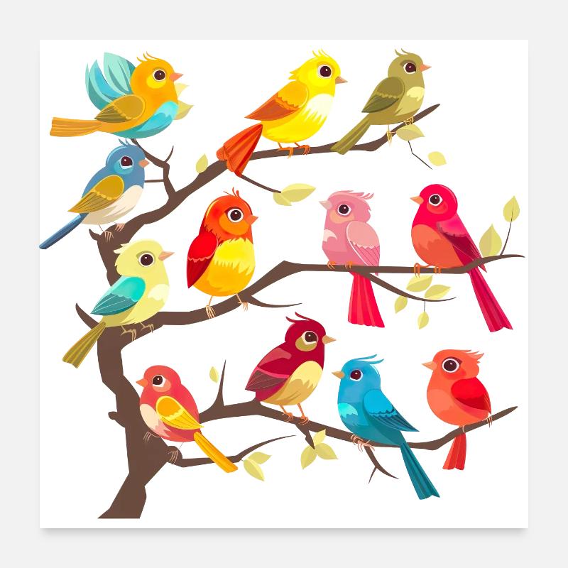 Oiseaux colorés sur les branches Poster 60 x 60 cm