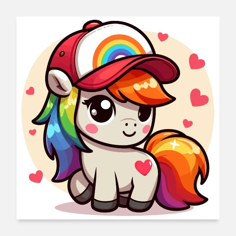 Entzückendes Regenbogenpony mit Mütze Poster 60x60 cm