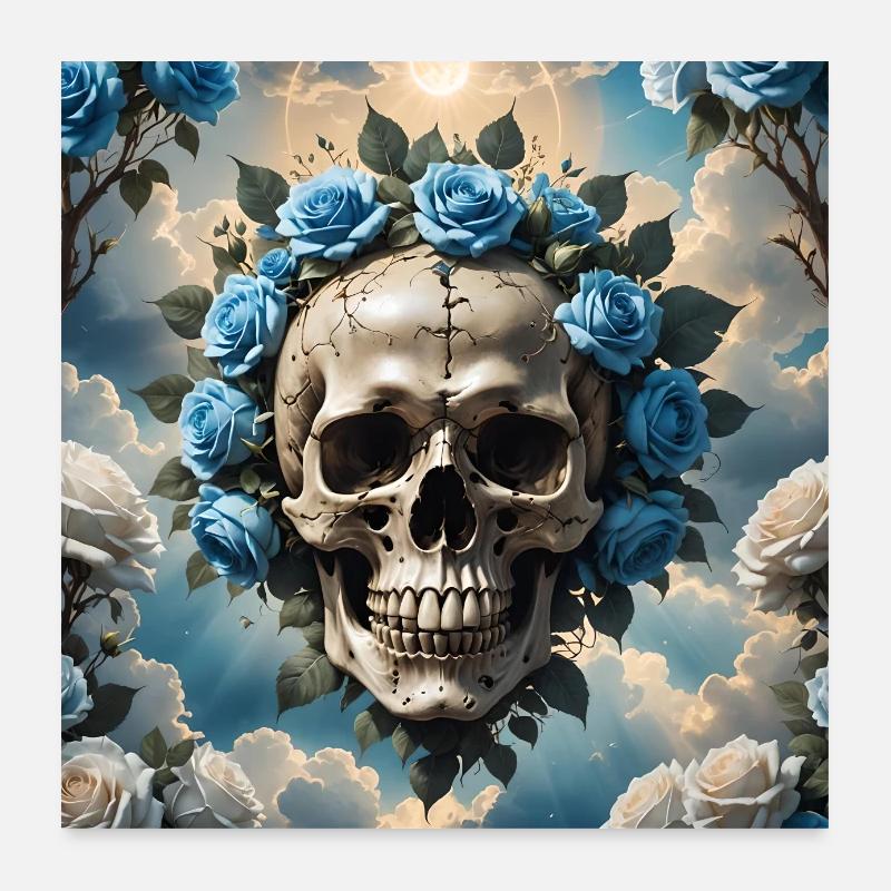 Crâne avec des roses bleues Poster 60 x 60 cm
