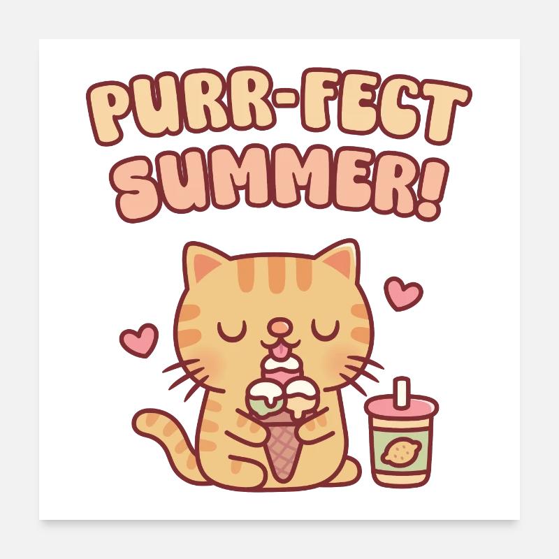 Chat tigré mignon mangeant de la crème glacée Purrfect Summer Poster 60 x 60 cm
