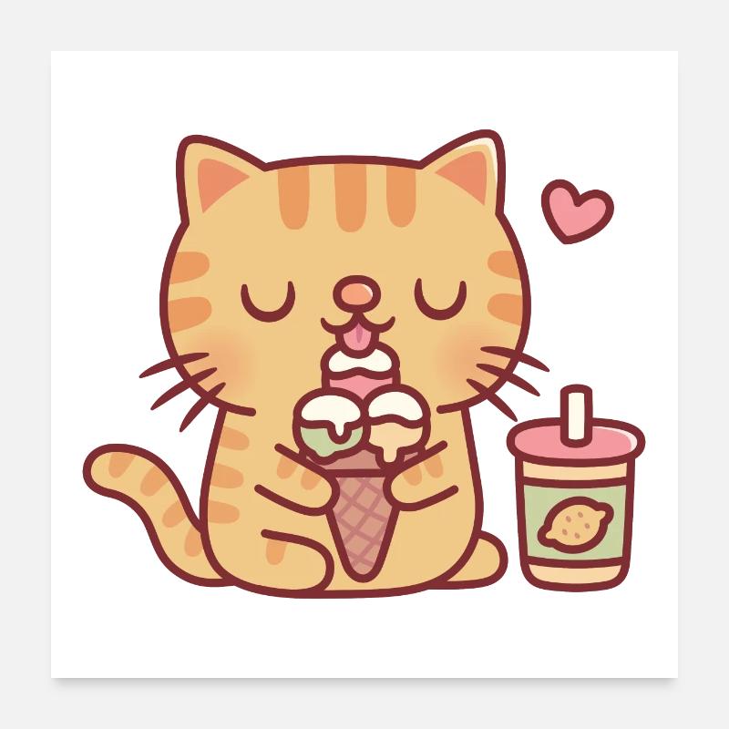 Süße getigerte Katze liebt es, Eis zu essen Poster 60x60 cm
