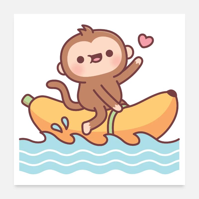 Singe mignon chevauchant un bateau banane Poster 60 x 60 cm
