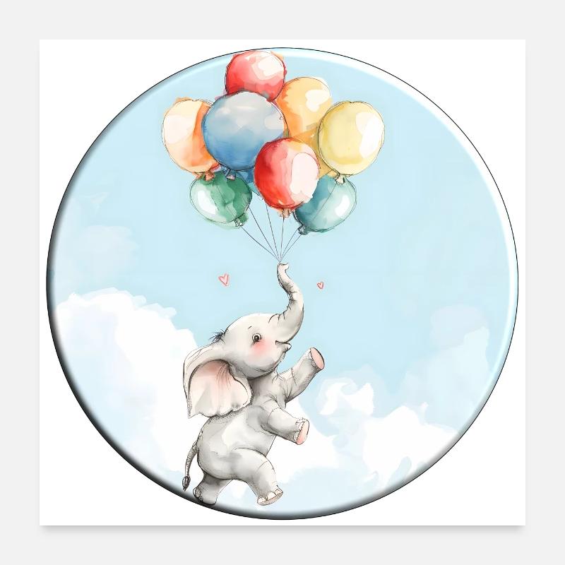 Elefant mit Bunten Luftballons als Glücksbringer - Poster 60x60 cm - Weiß