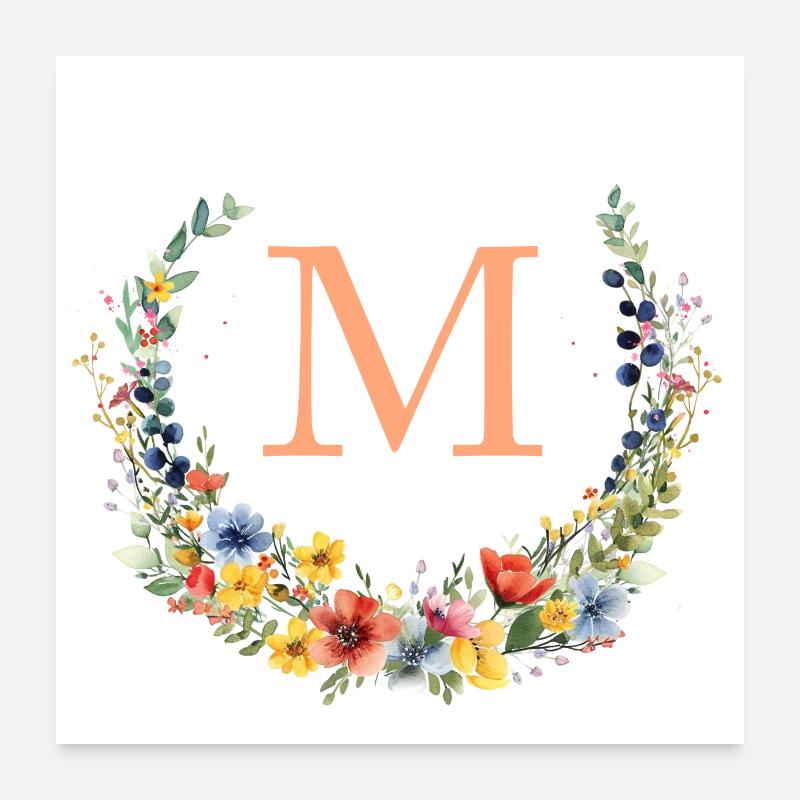 M Monogram Floral, Floral Wreath, Personalizable Poster 24" x 24" (60x60 cm)