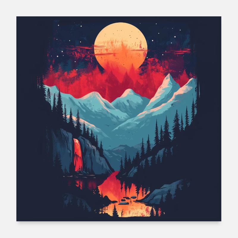 Moonlight and Nature At Night Mountains Forest Poster 24" x 24" (60x60 cm)