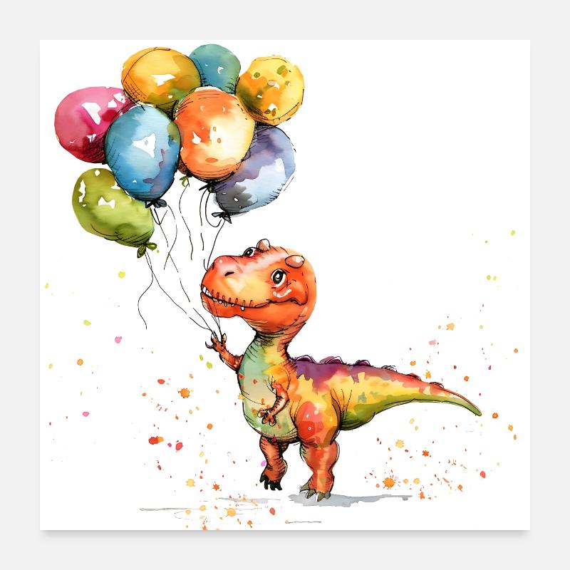 Dinosaur plays with balloon Poster 24" x 24" (60x60 cm)