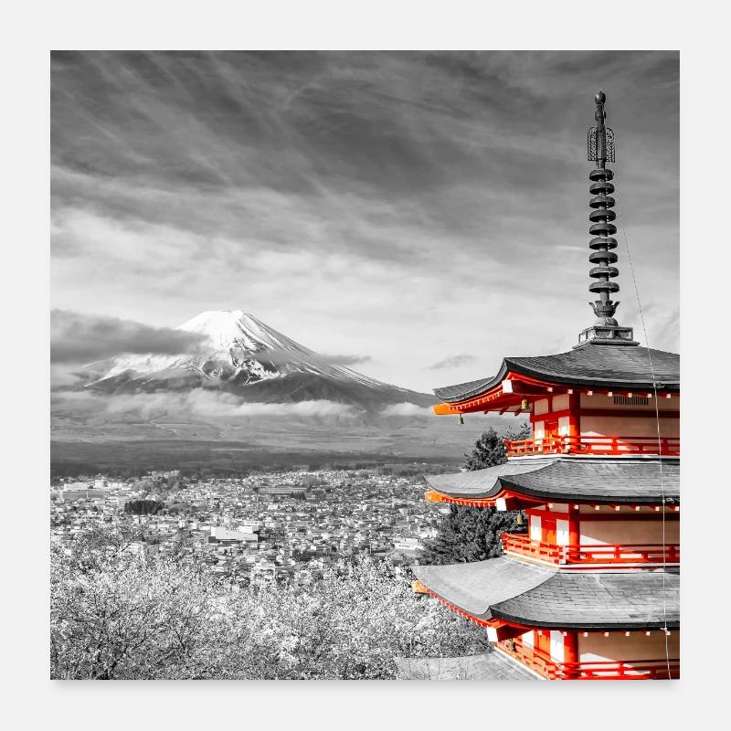 Blick zum Fuji mit Chureito Pagode in colorkey Poster 60x60 cm