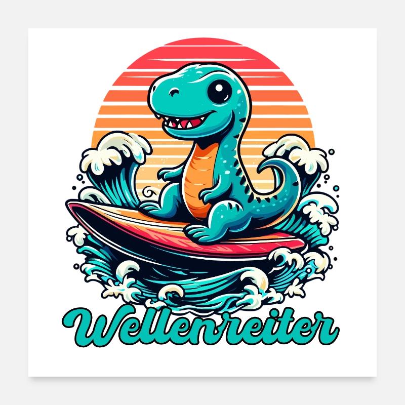 Mignon T-Rex Surfer Surfer Cadeau de surf Poster 60 x 60 cm