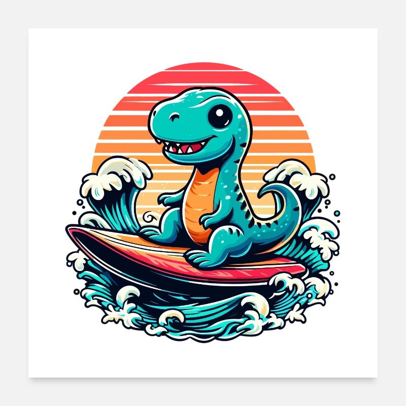 Mignon T-Rex Surfer Surfer Surfer Surfer Cadeau de surf Poster 60 x 60 cm