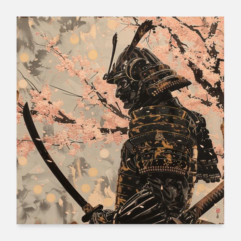 Japanese, Samurai, Cherry Blossom, Art, Ukiyo-E Poster 24" x 24" (60x60 cm)