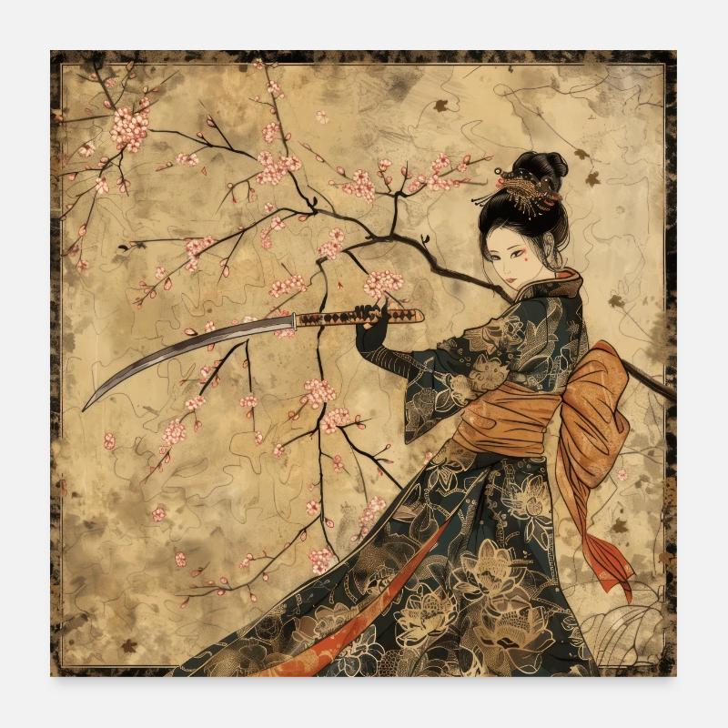 Japonais, Samouraï, Cerisier en fleurs, Art, Ukiyo-E, s Poster 60 x 60 cm