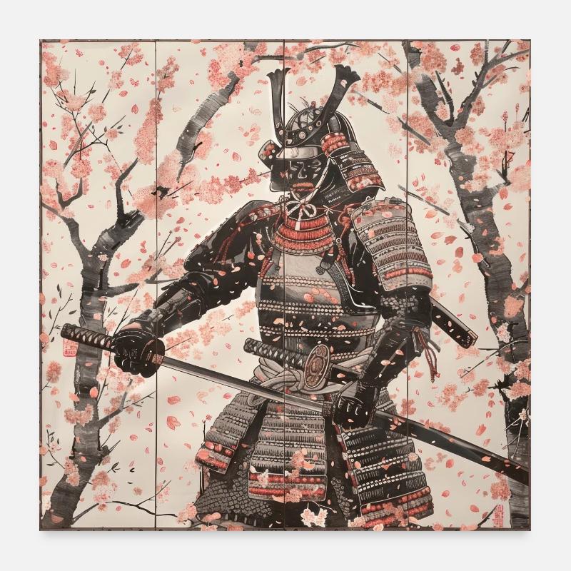 Japonais, Samouraï, Cerisier en fleurs, Art, Ukiyo-e Poster 60 x 60 cm
