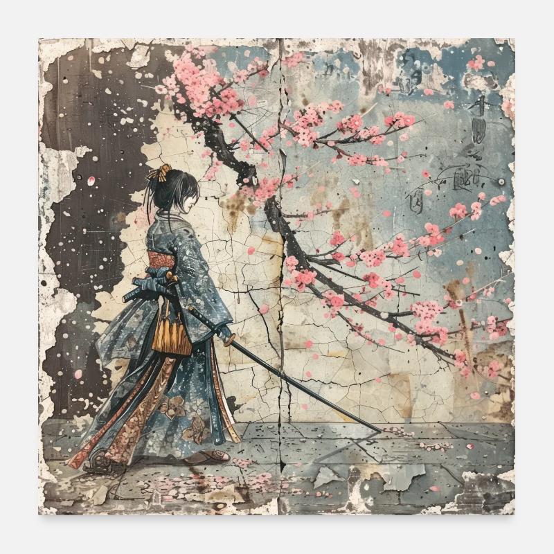 Japanese, Samurai, Cherry Blossom, Art, Ukiyo-E Poster 24" x 24" (60x60 cm)