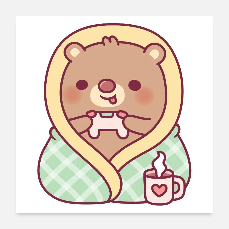 Cute Bear Wrapped In Cozy Blanket While Gaming Poster 24" x 24" (60x60 cm)