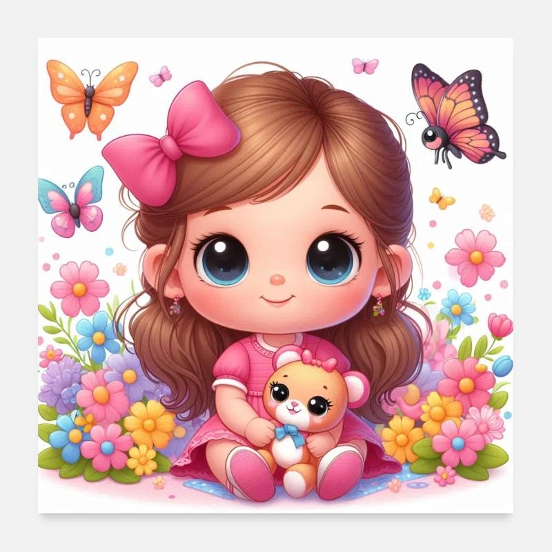 Kleines Mädchen mit ihrer Tigger-Puppe Poster 60x60 cm