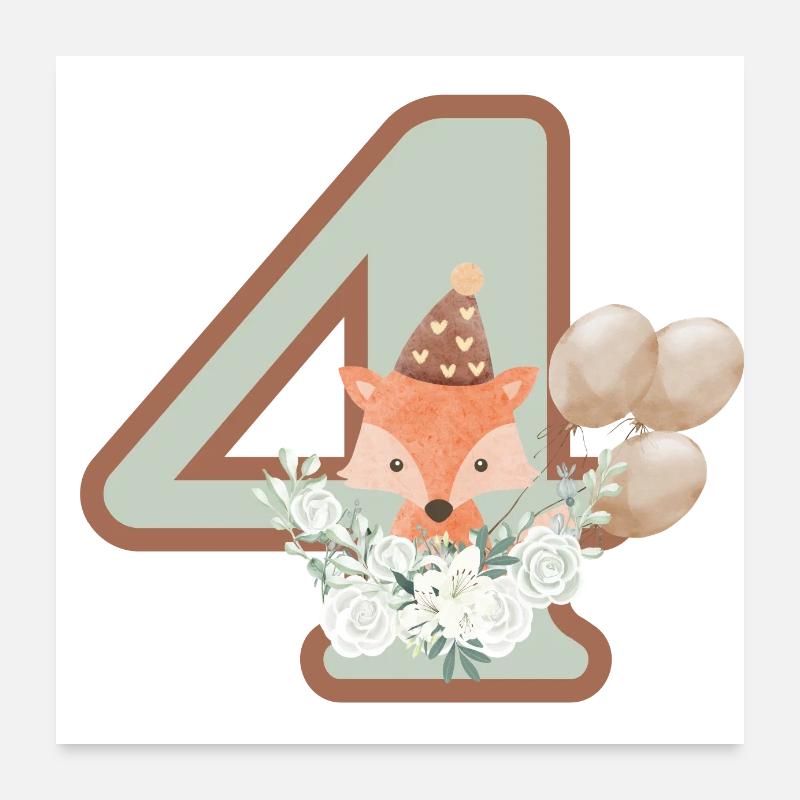 4th Birthday Fox Flowers Poster 24" x 24" (60x60 cm)