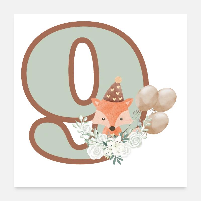 9e anniversaire renard fleurs Poster 60 x 60 cm