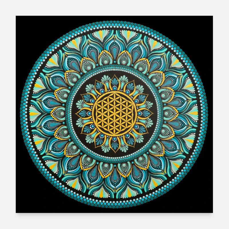 Fleur de vie | Bleu et Or | Dot Art Poster 60 x 60 cm