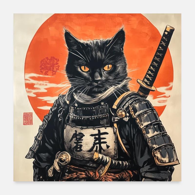 Katze Samurai Japan Ukiyo-E Poster 60x60 cm