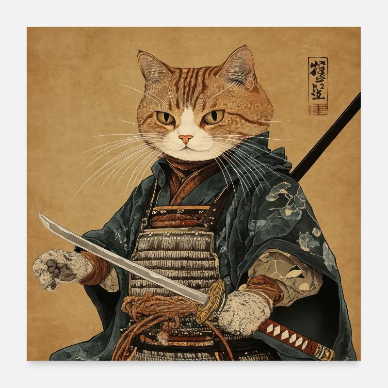 Katze Samurai Japan Ukiyo-E - Poster 60x60 cm - Weiß