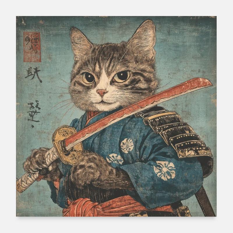 Chat Samouraï Japon Ukiyo-E Poster 60 x 60 cm