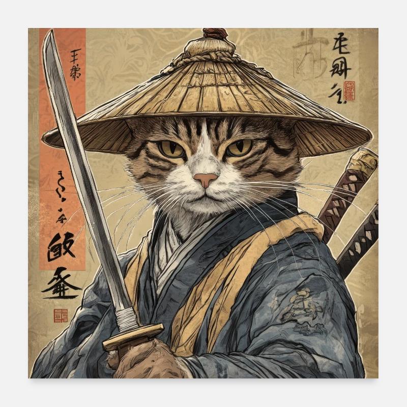 Cat Samurai Japan Ukiyo-E Poster 24" x 24" (60x60 cm)