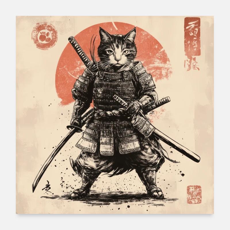 Cat Samurai Japan Ukiyo-E Poster 24" x 24" (60x60 cm)