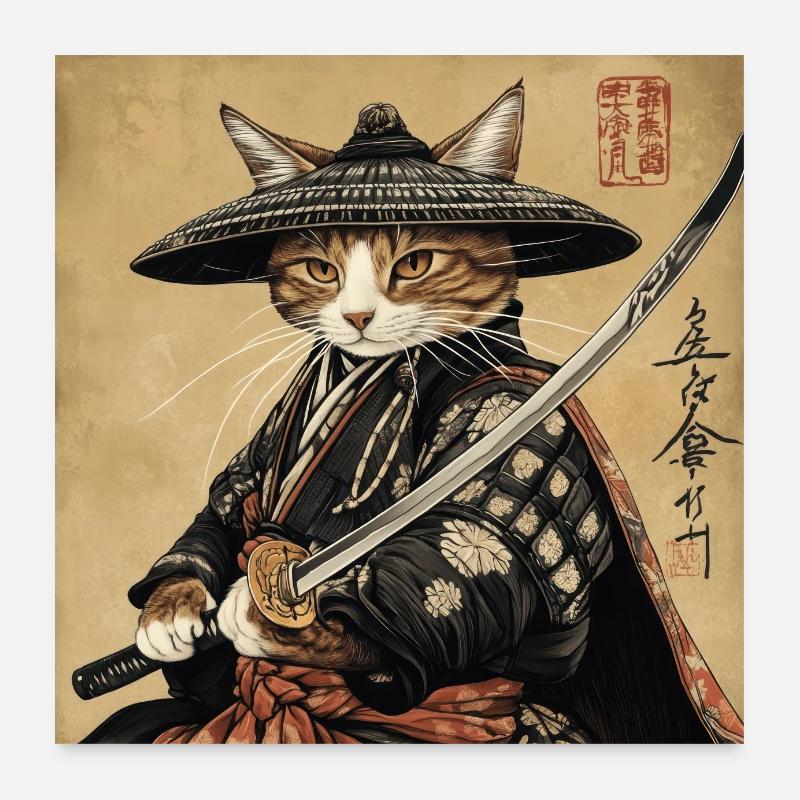 Cat Samurai Japan Ukiyo-E Poster 24" x 24" (60x60 cm)