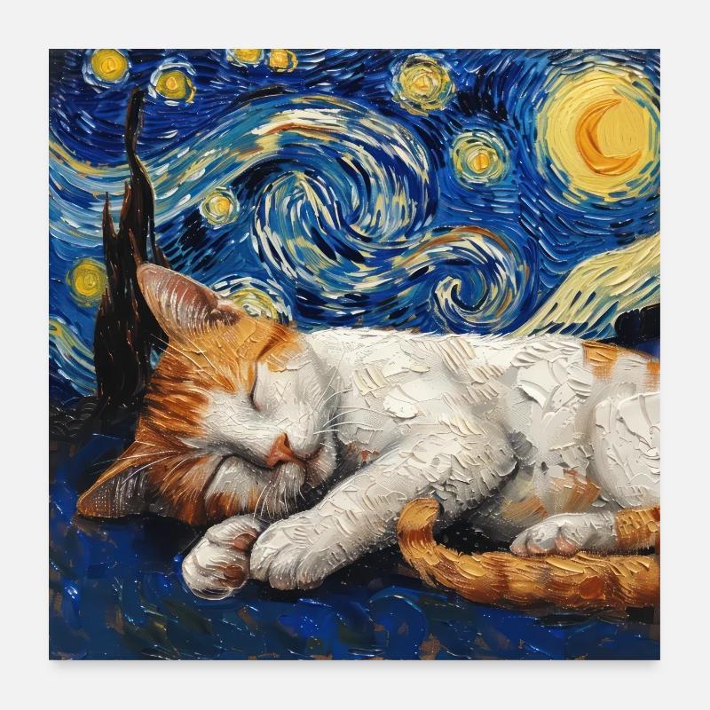 Chat Van Gogh Nuit étoilée Poster 60 x 60 cm