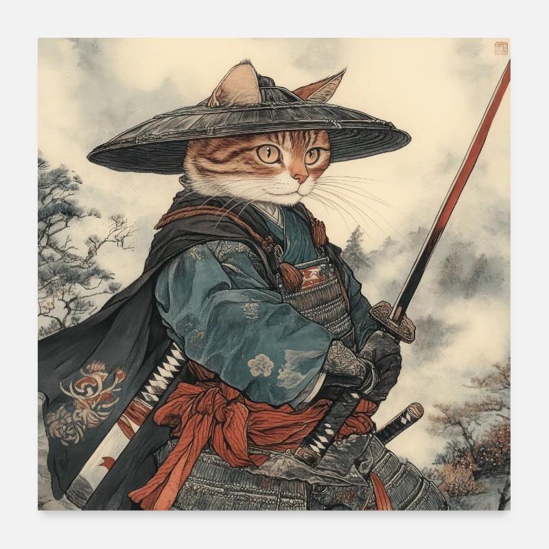 Cat Samurai Japan Ukiyo-E Poster 24" x 24" (60x60 cm)
