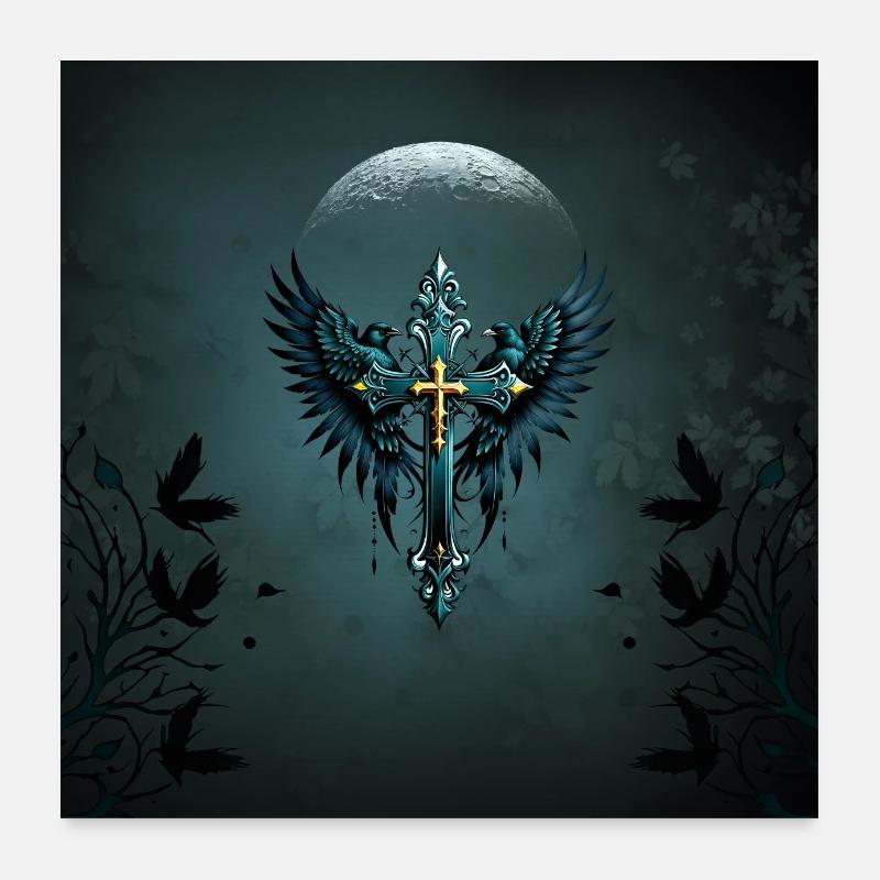 Gothic cross with decorative elements and birds. Poster 24" x 24" (60x60 cm)