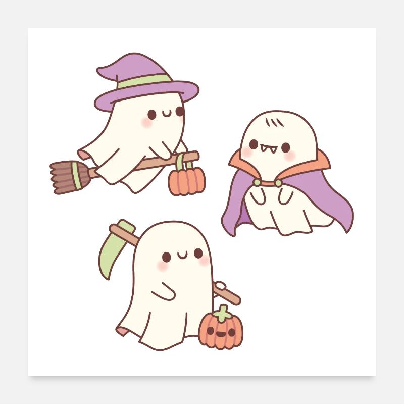 Cute Ghosts As Witch Grim Reaper And Vampire Poster 24" x 24" (60x60 cm)