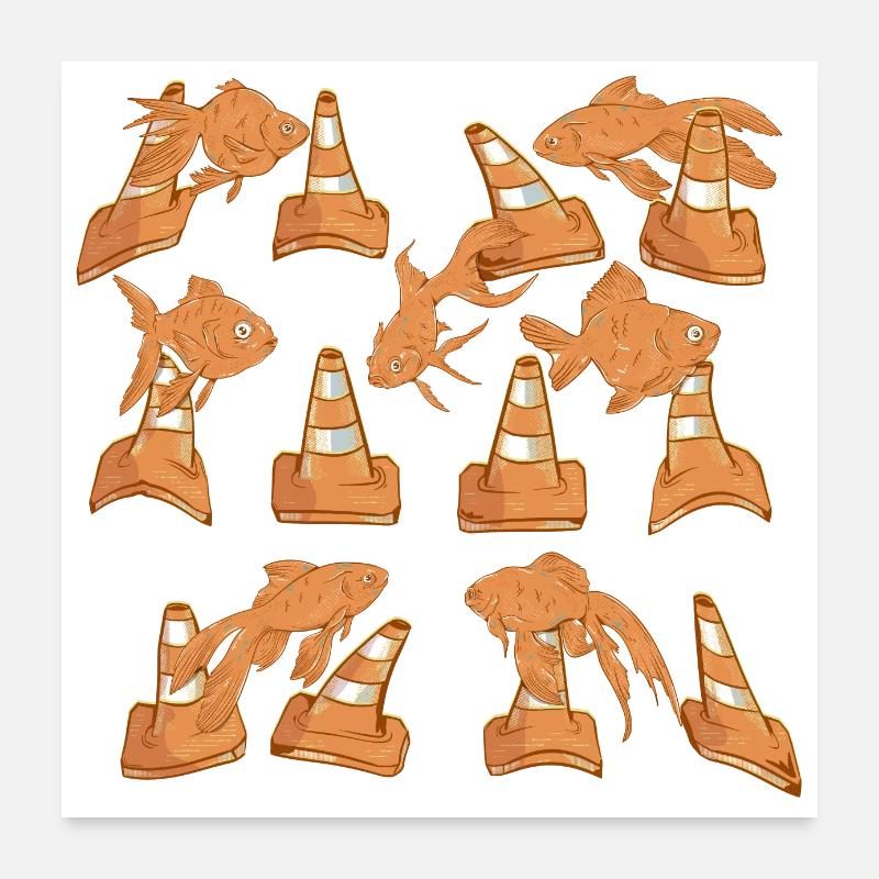 Orange Road cones and fish pattern Poster 24" x 24" (60x60 cm)