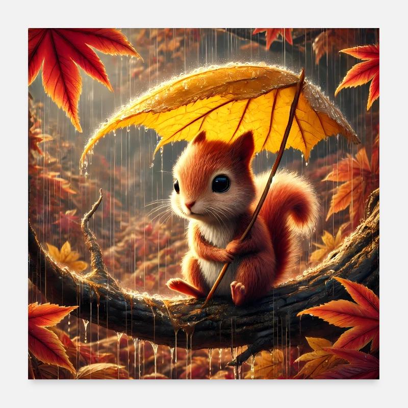 Sad Squirrel in the Rain in Autumn Poster 24" x 24" (60x60 cm)