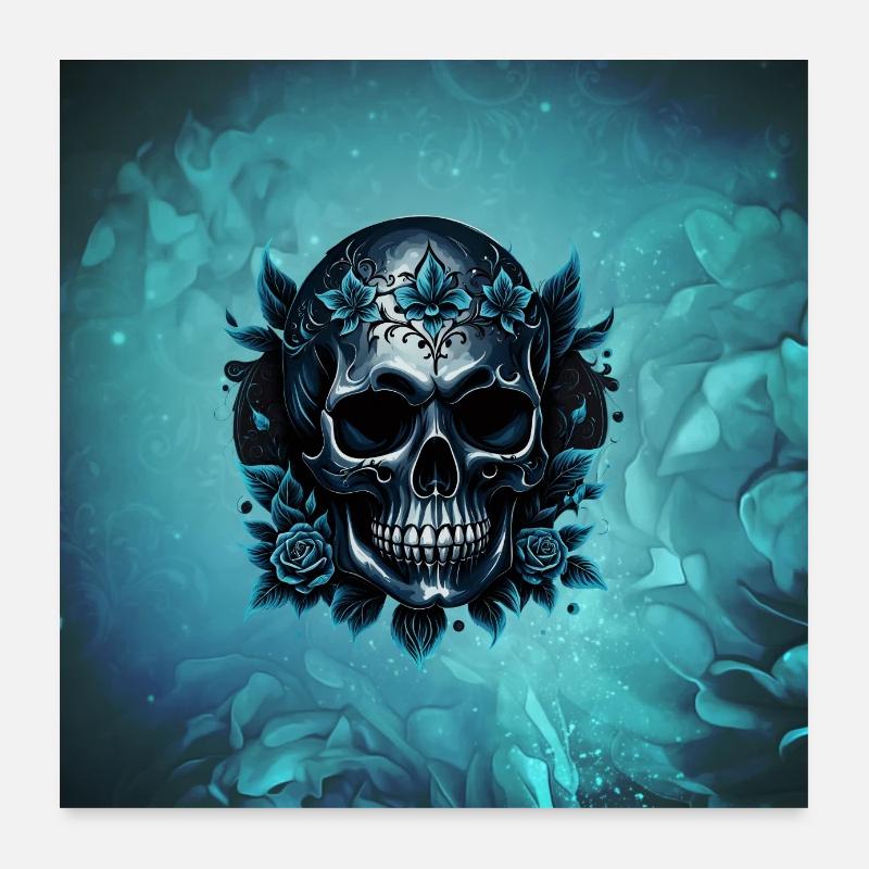 Dunkelblauer Totenschädel mit Rosen - Poster 60x60 cm - Weiß