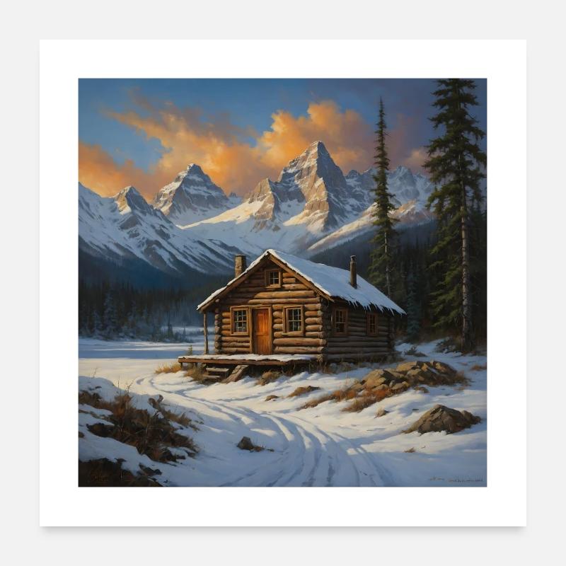 Paysage d’hiver avec cabane rustique Poster 60 x 60 cm