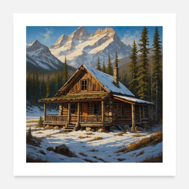 Rustic mountain cabin in the snow Poster 24" x 24" (60x60 cm)