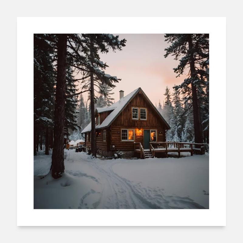 Winterhütte im kanadischen Wald - Poster 60x60 cm - Weiß
